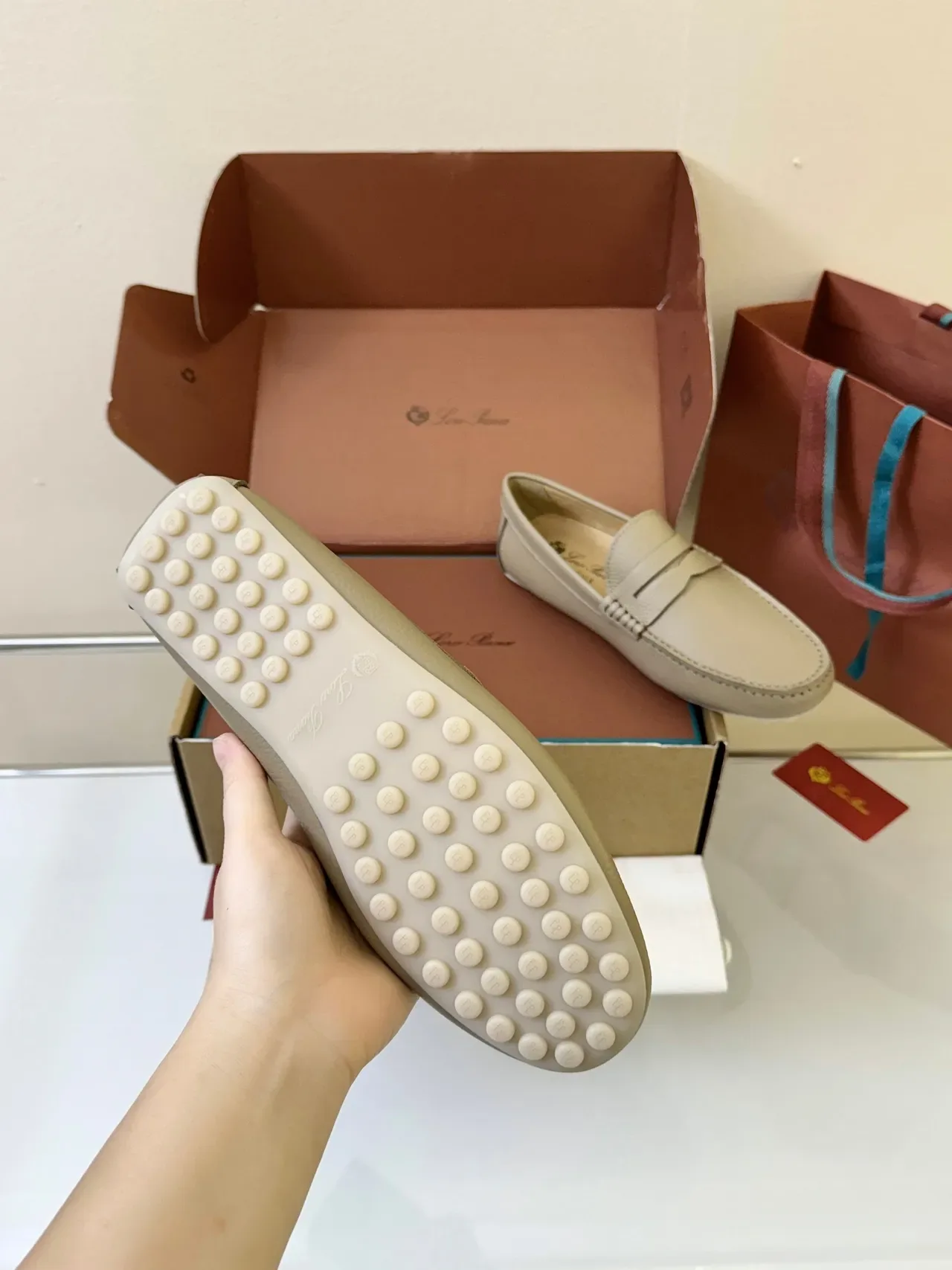 Beige White Pebbled Leather Penny Strap Loafer 5
