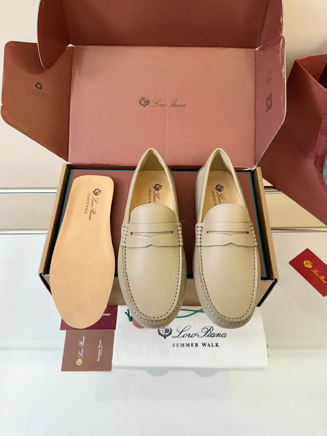 Beige White Pebbled Leather Penny Strap Loafer 6