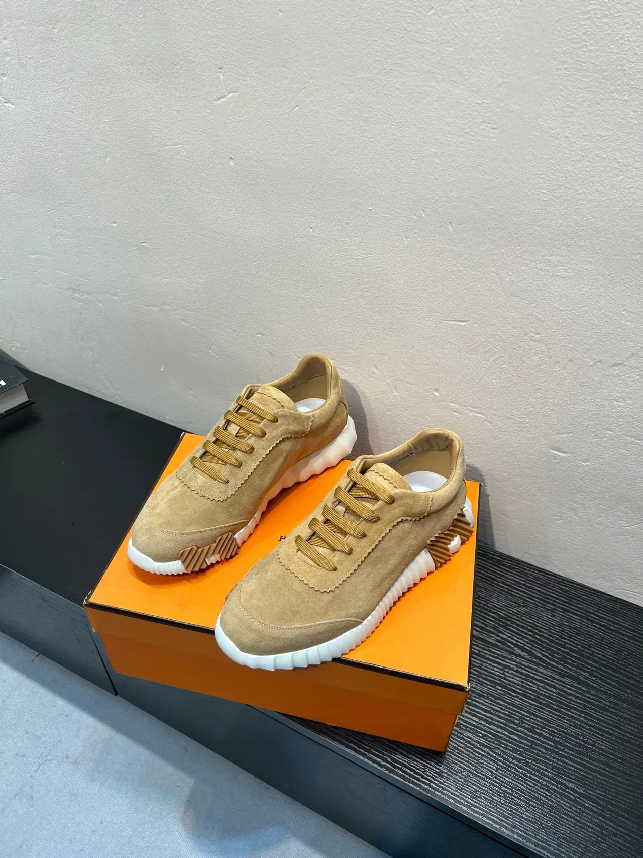 Beige White Suede Upper Sculpted Ridged Midsole Sneakers 2