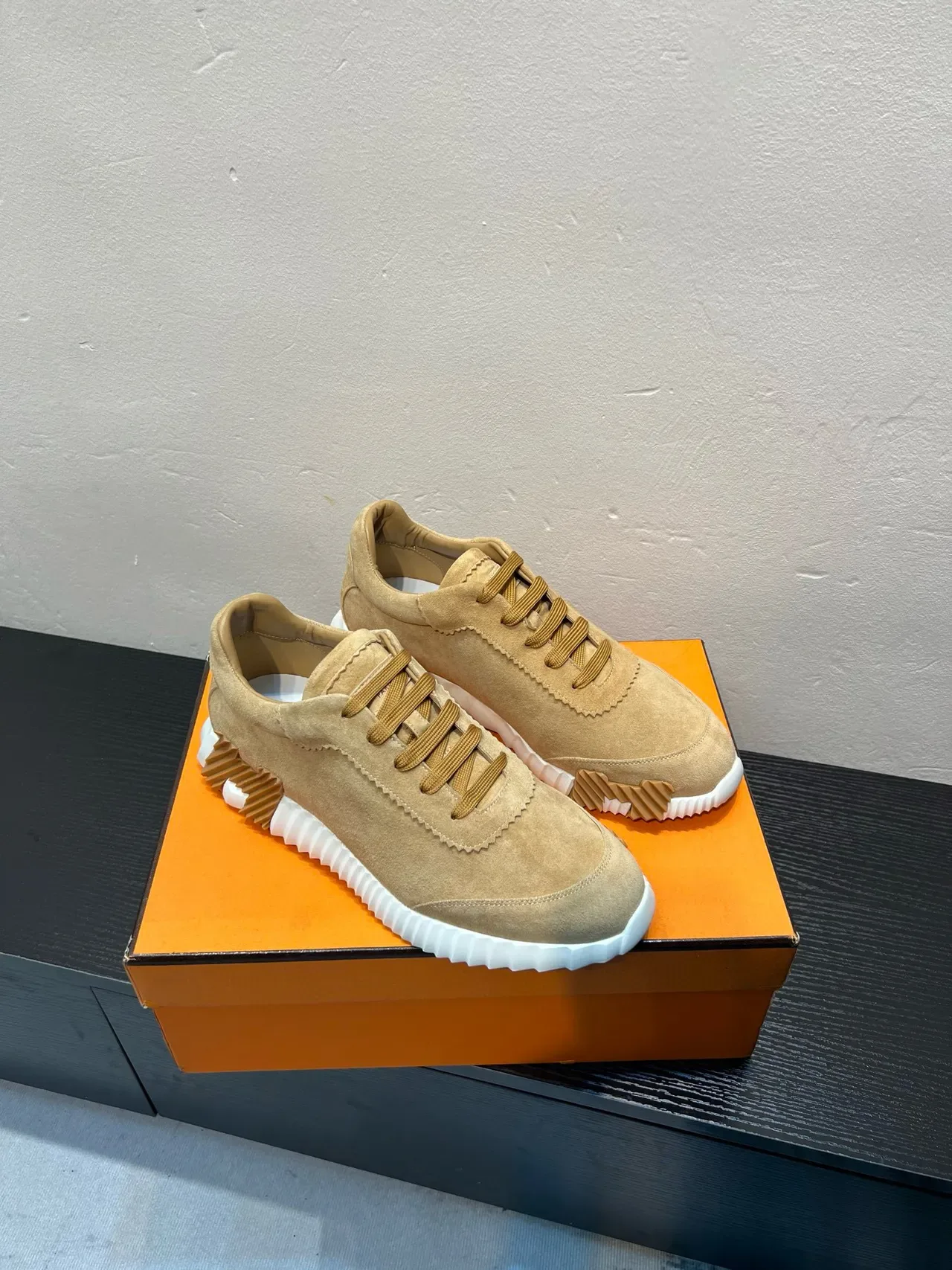 Beige White Suede Upper Sculpted Ridged Midsole Sneakers 5