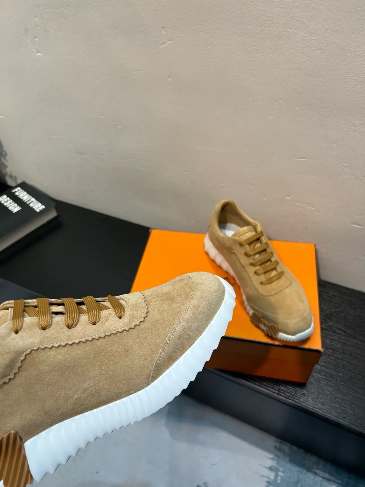 Beige White Suede Upper Sculpted Ridged Midsole Sneakers 8
