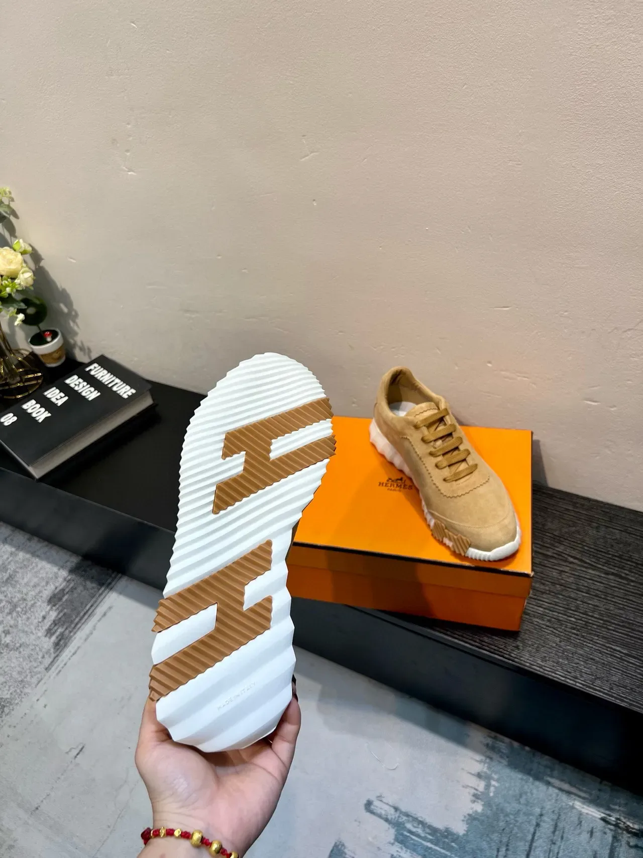 Beige White Suede Upper Sculpted Ridged Midsole Sneakers 9