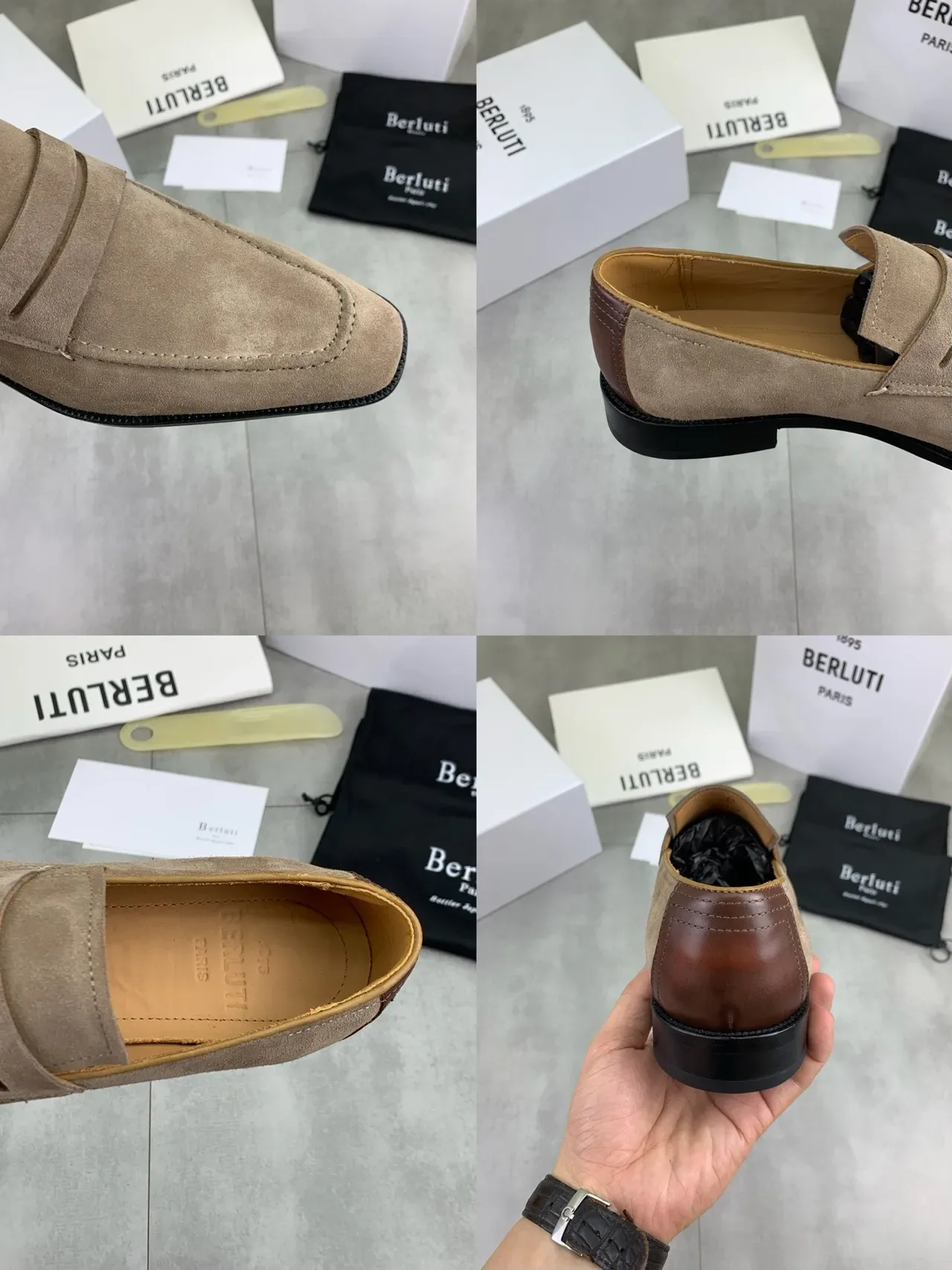 BERLUTI Beige Black Suede Upper Penny Strap Loafer 2