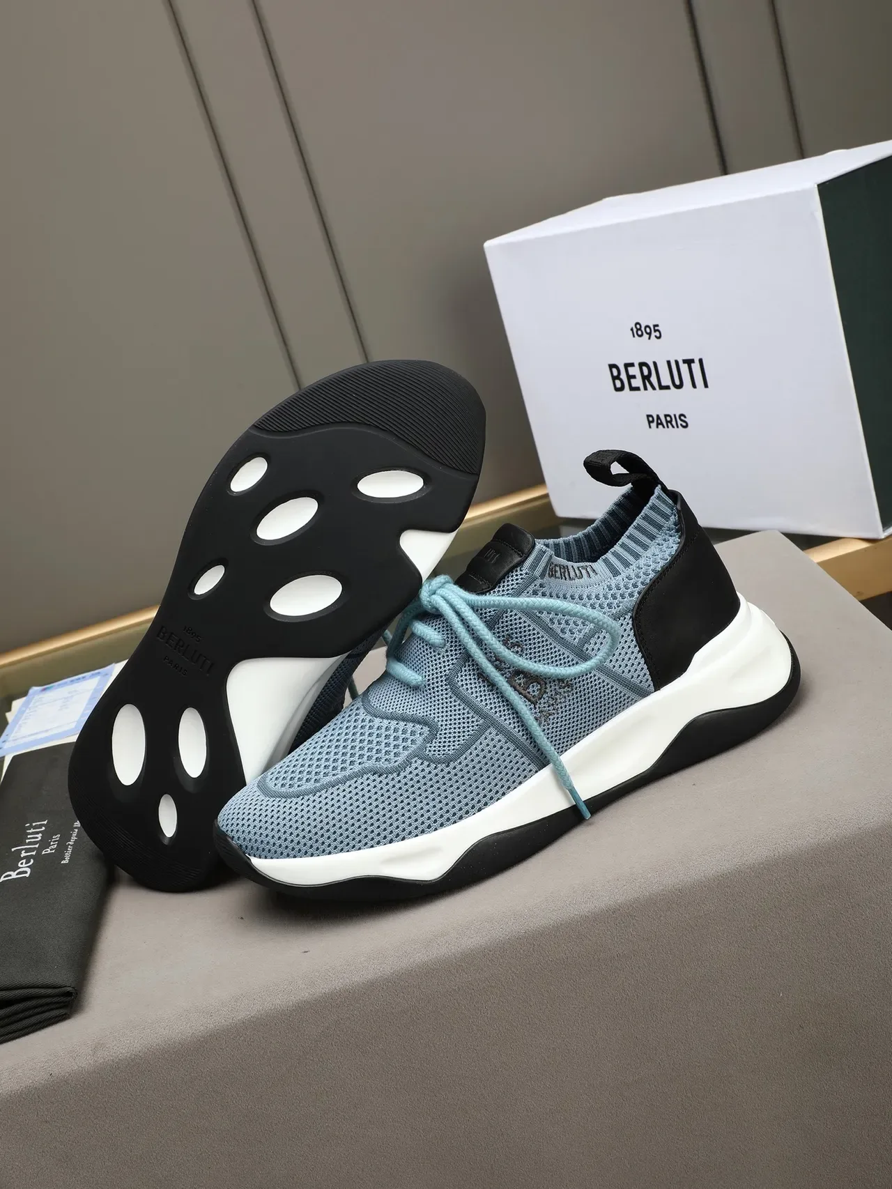Berluti Blue Black Knit Upper Contrast Heel Panel Sneakers 4