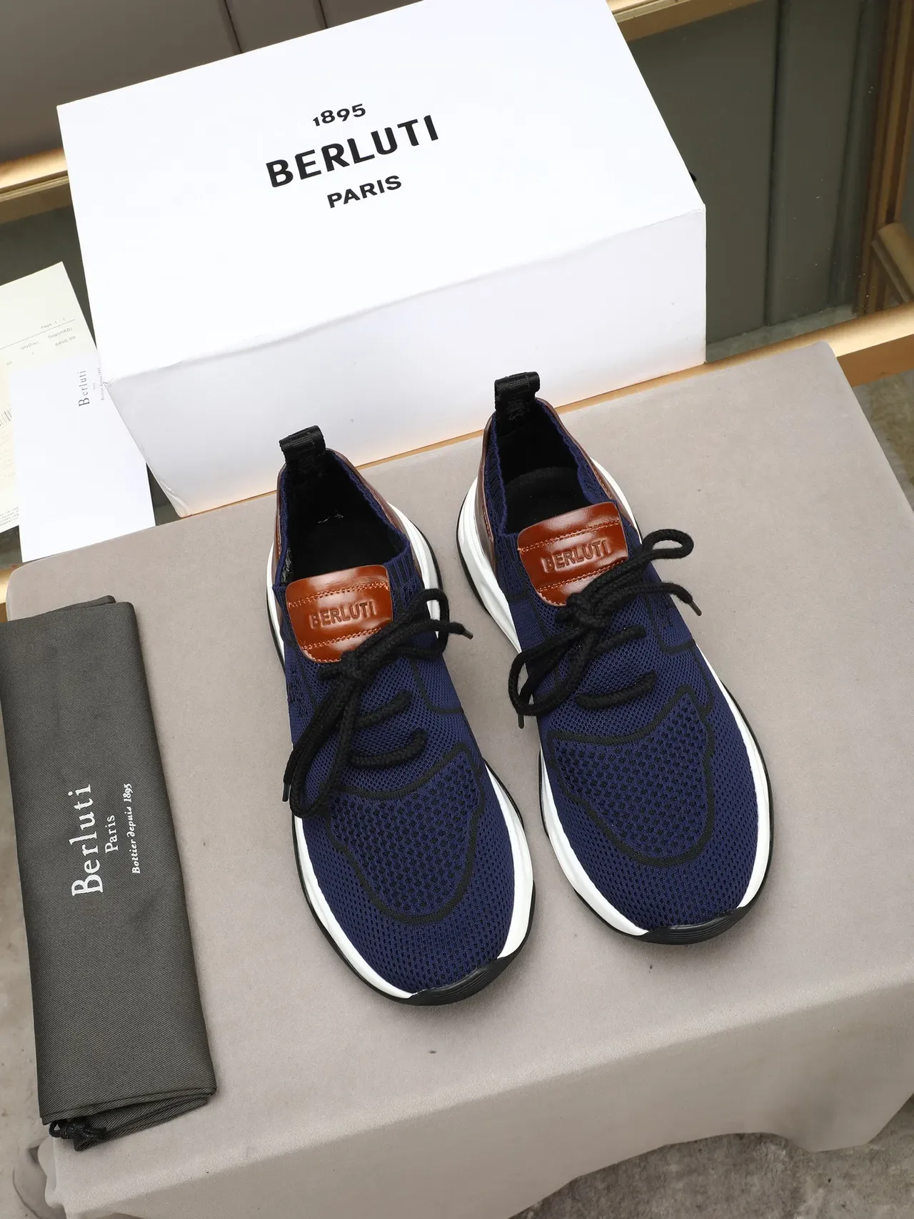 Berluti Navy Brown Knit Upper Leather Heel Counter Chunky Sneakers 2