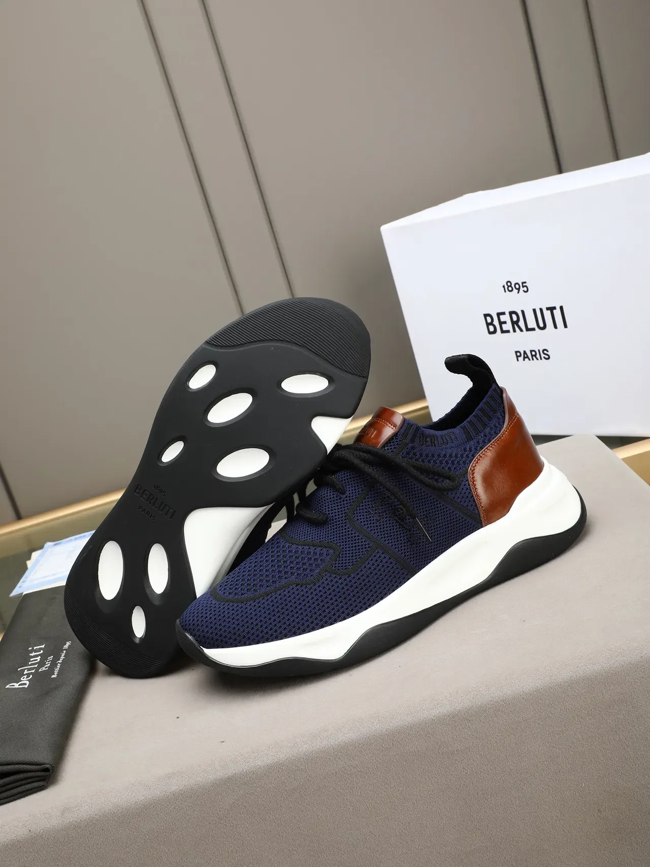 Berluti Navy Brown Knit Upper Leather Heel Counter Chunky Sneakers 4