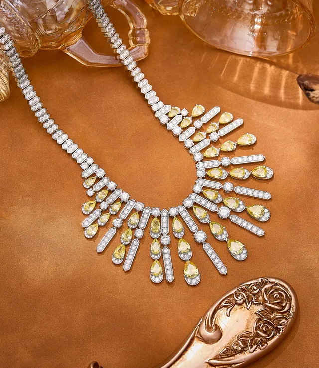 Bib-Style Multi-Tiered Pavé and Pear-Cut Yellow Stone Necklace 5