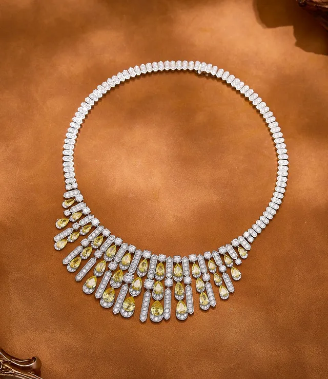 Bib-Style Multi-Tiered Pavé and Pear-Cut Yellow Stone Necklace 6