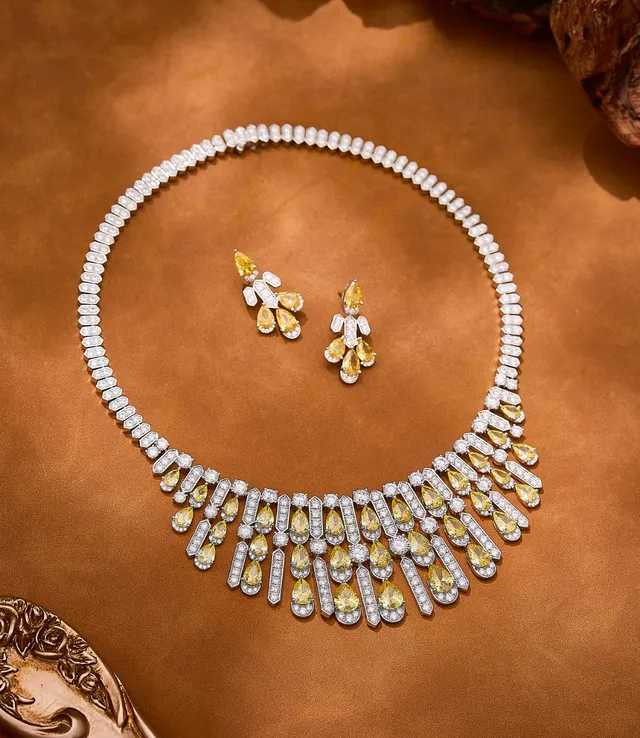 Bib-Style Multi-Tiered Pavé and Pear-Cut Yellow Stone Necklace 7