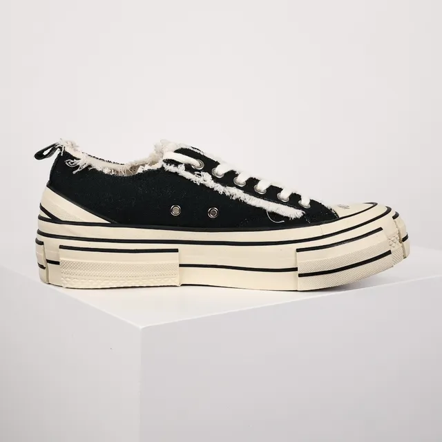 Black and Off-White Frayed Canvas Low-Top Sneakers 7