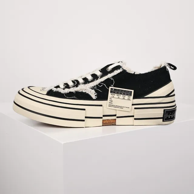 Black and Off-White Frayed Canvas Low-Top Sneakers 9