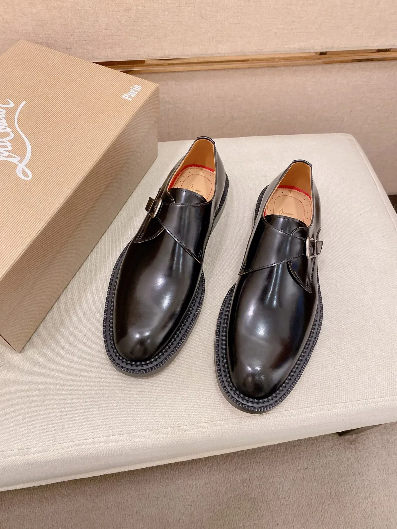 Black Beige Glossy Leather Single Strap Monk Shoes 4
