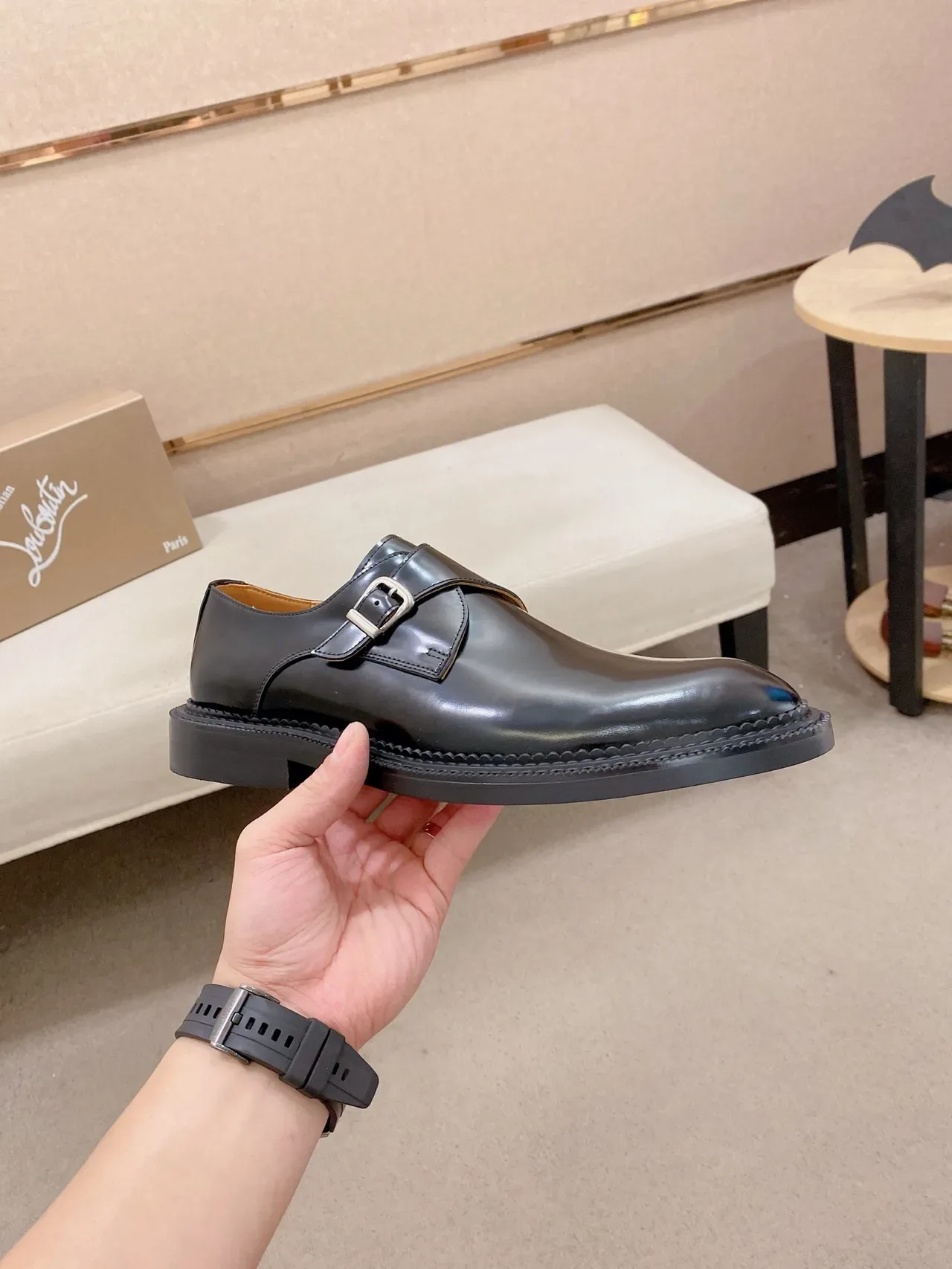 Black Beige Glossy Leather Single Strap Monk Shoes 5