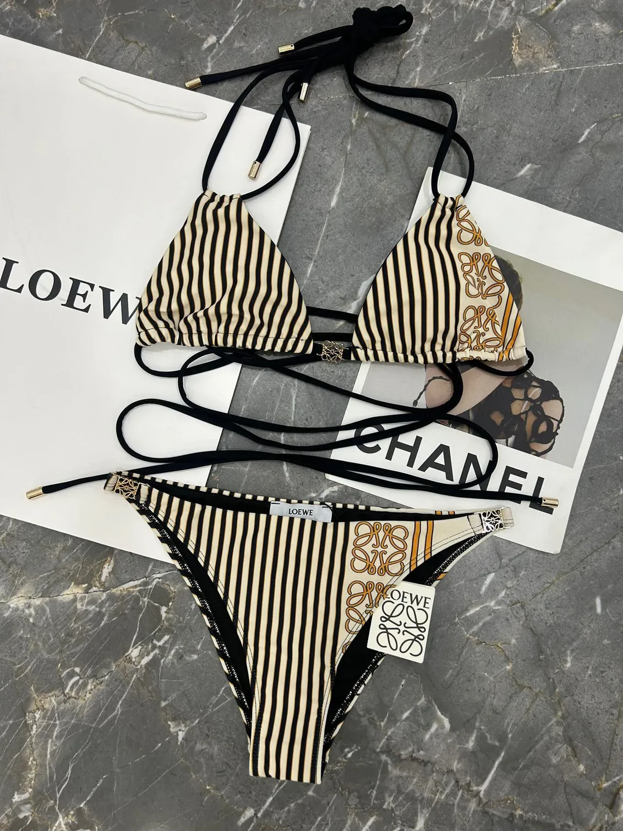 Black Beige Halter Triangle Top Side-Tie Briefs Swimwear 3