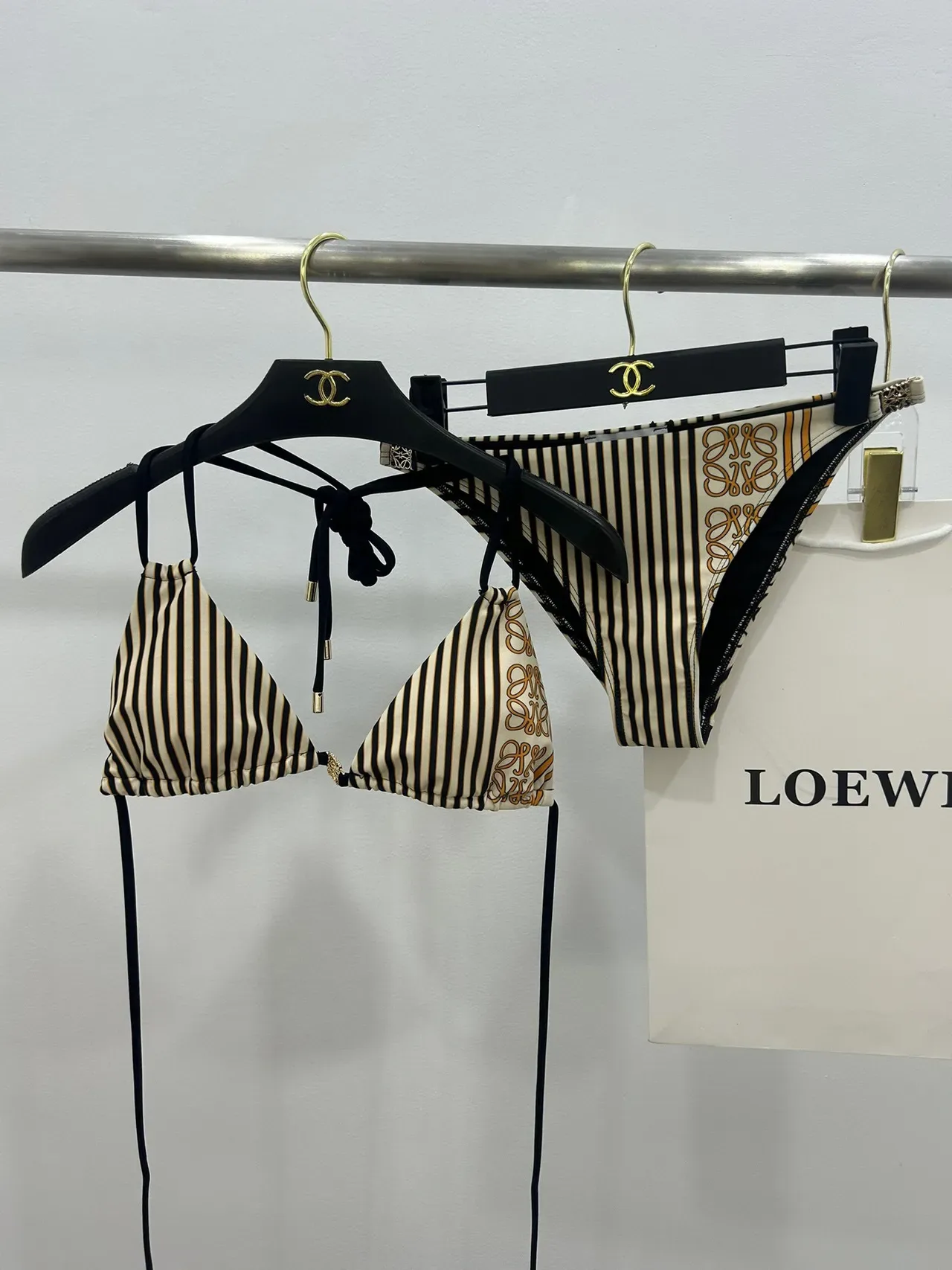 Black Beige Halter Triangle Top Side-Tie Briefs Swimwear 4