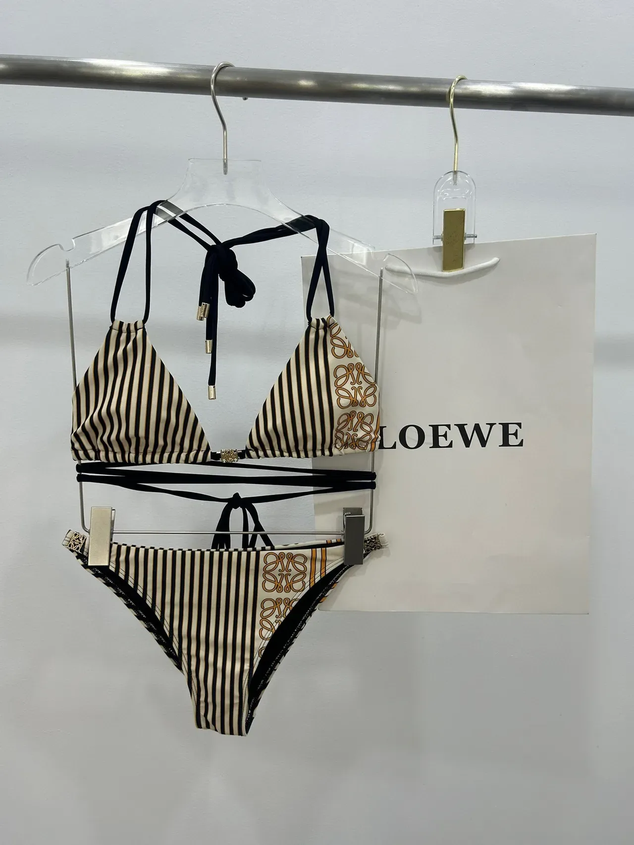 Black Beige Halter Triangle Top Side-Tie Briefs Swimwear 7