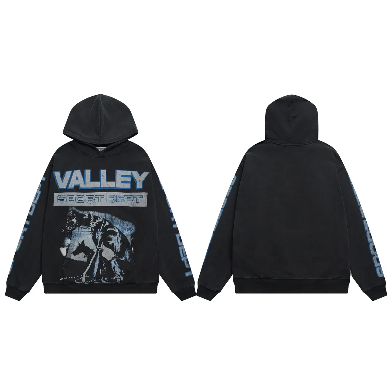 Black Blue Oversized Fit Distressed Graphic Print Hoodie 2