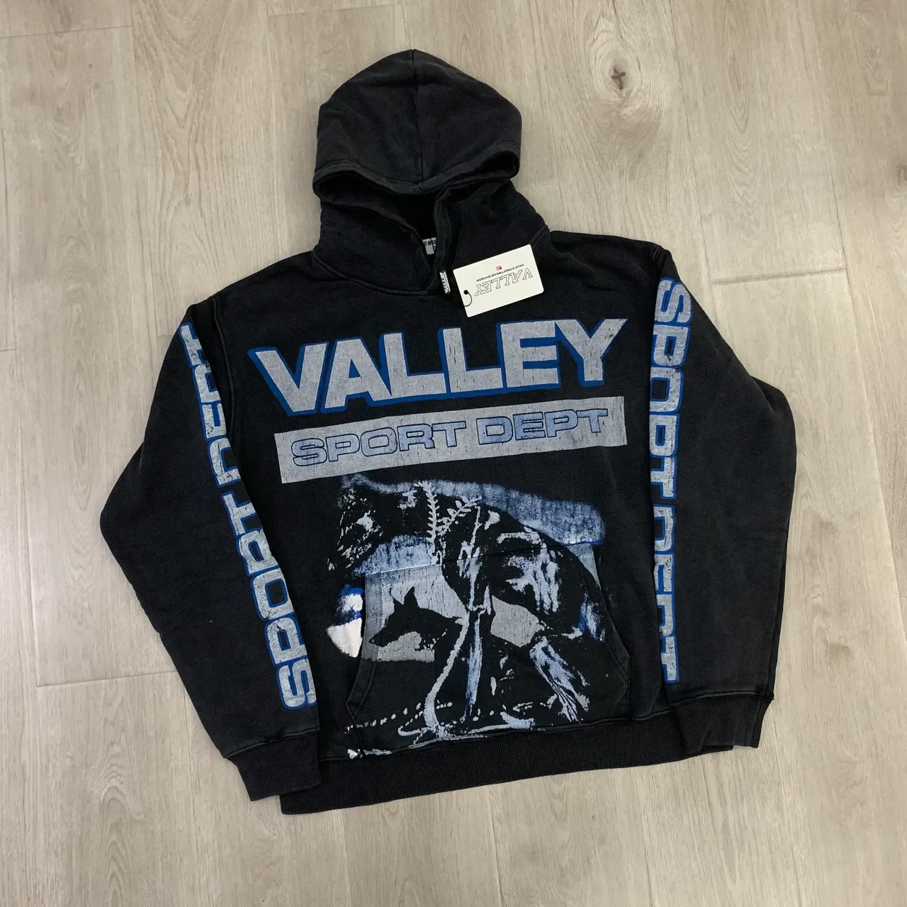 Black Blue Oversized Fit Distressed Graphic Print Hoodie 4