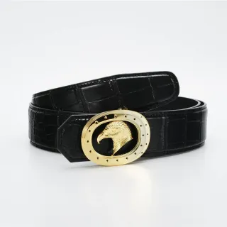Black Gold Crocodile-Embossed Oval Eagle Buckle Leather Belt