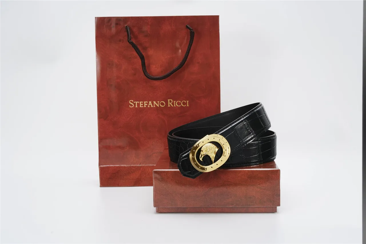 Black Gold Crocodile-Embossed Oval Eagle Buckle Leather Belt 3