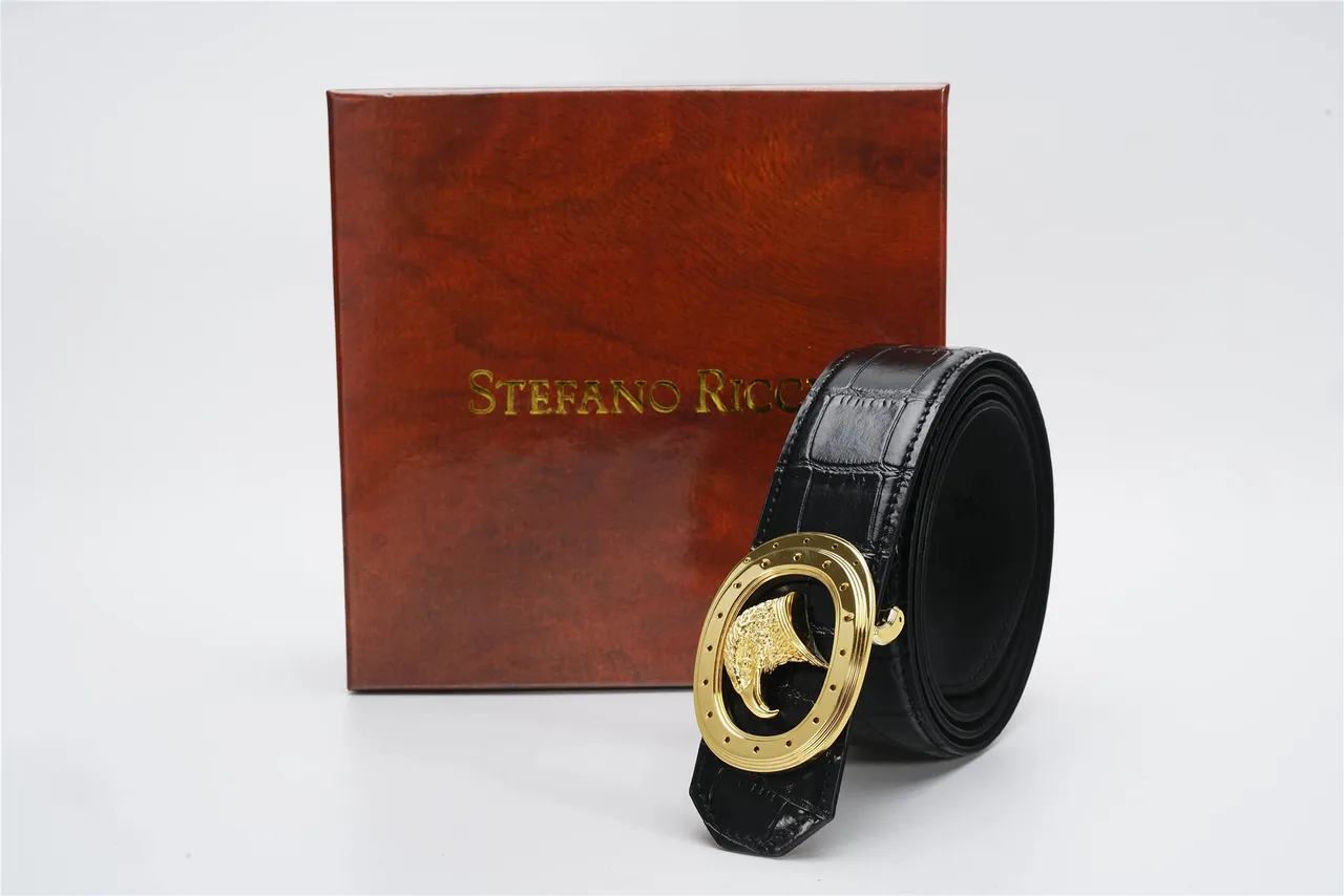 Black Gold Crocodile-Embossed Oval Eagle Buckle Leather Belt 4