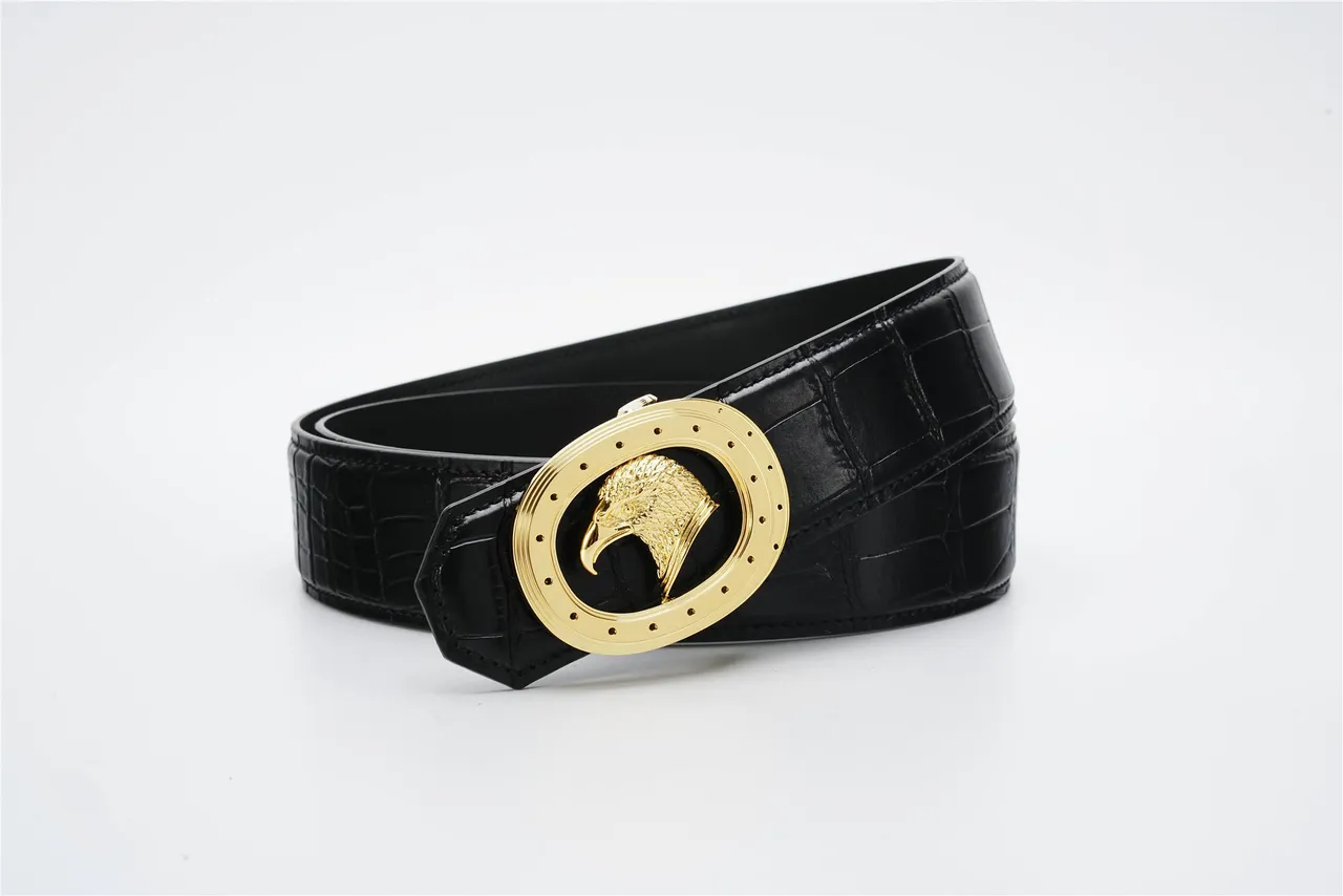 Black Gold Crocodile-Embossed Oval Eagle Buckle Leather Belt 6