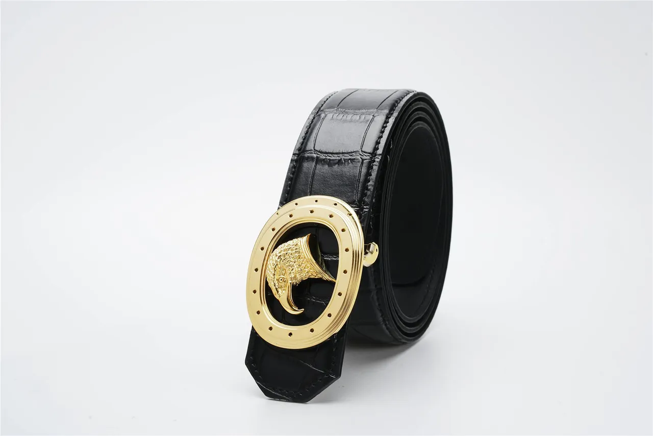 Black Gold Crocodile-Embossed Oval Eagle Buckle Leather Belt 7