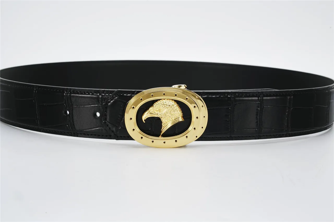 Black Gold Crocodile-Embossed Oval Eagle Buckle Leather Belt 8