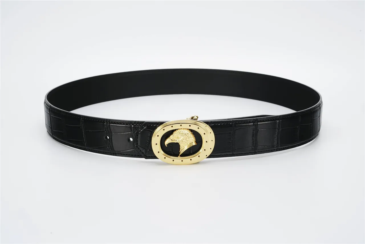 Black Gold Crocodile-Embossed Oval Eagle Buckle Leather Belt 9