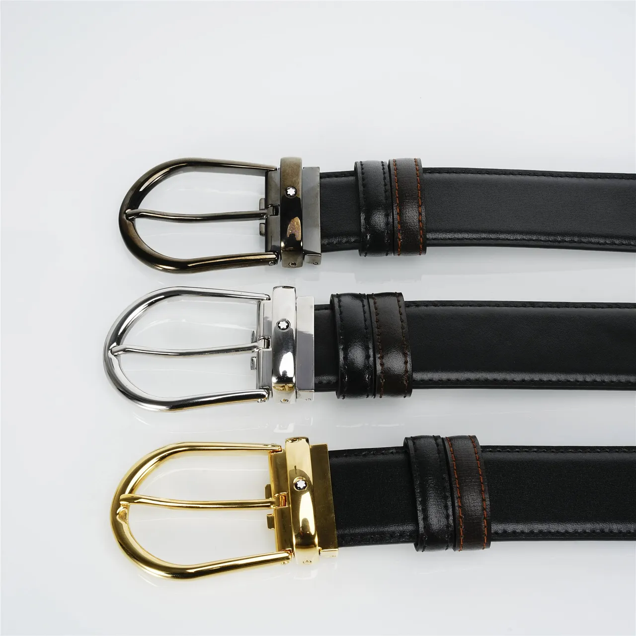 Black Gold Smooth Oval Buckle Leather Belt 2