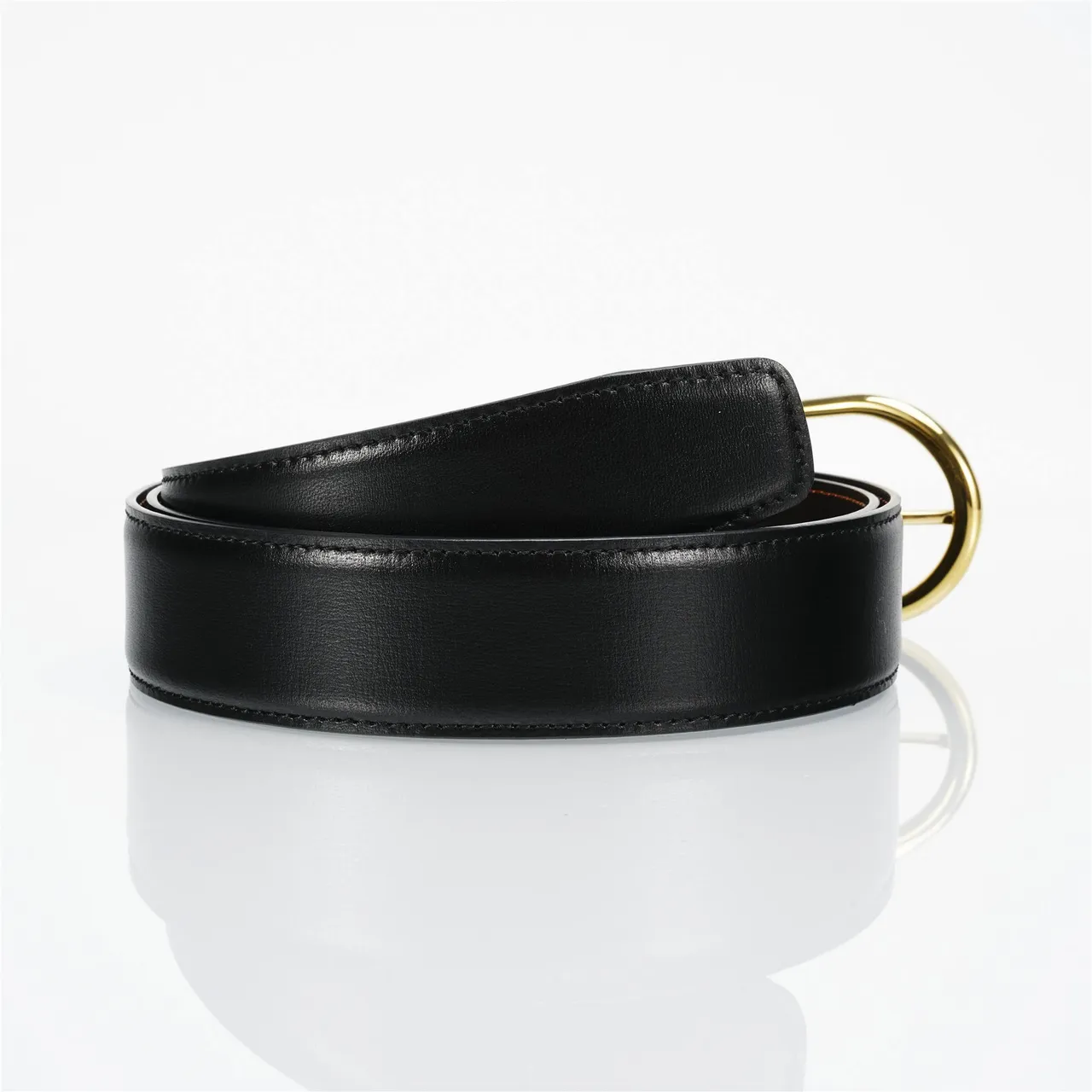 Black Gold Smooth Oval Buckle Leather Belt 3