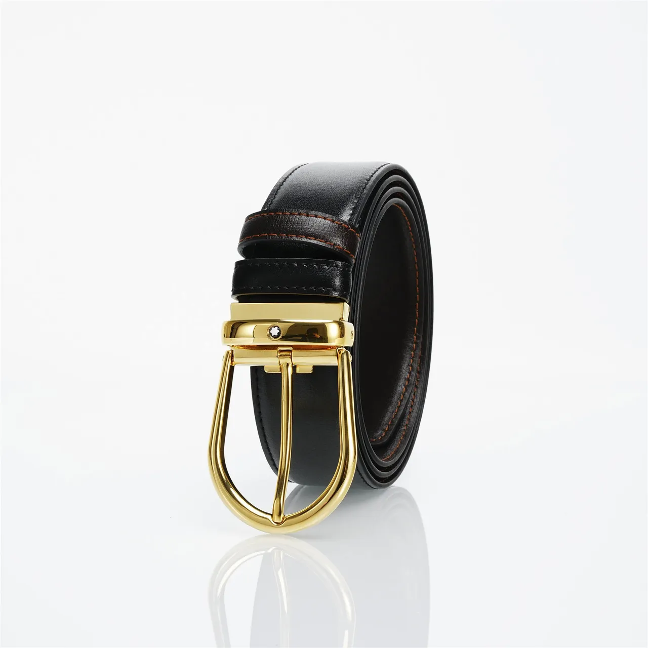 Black Gold Smooth Oval Buckle Leather Belt 6