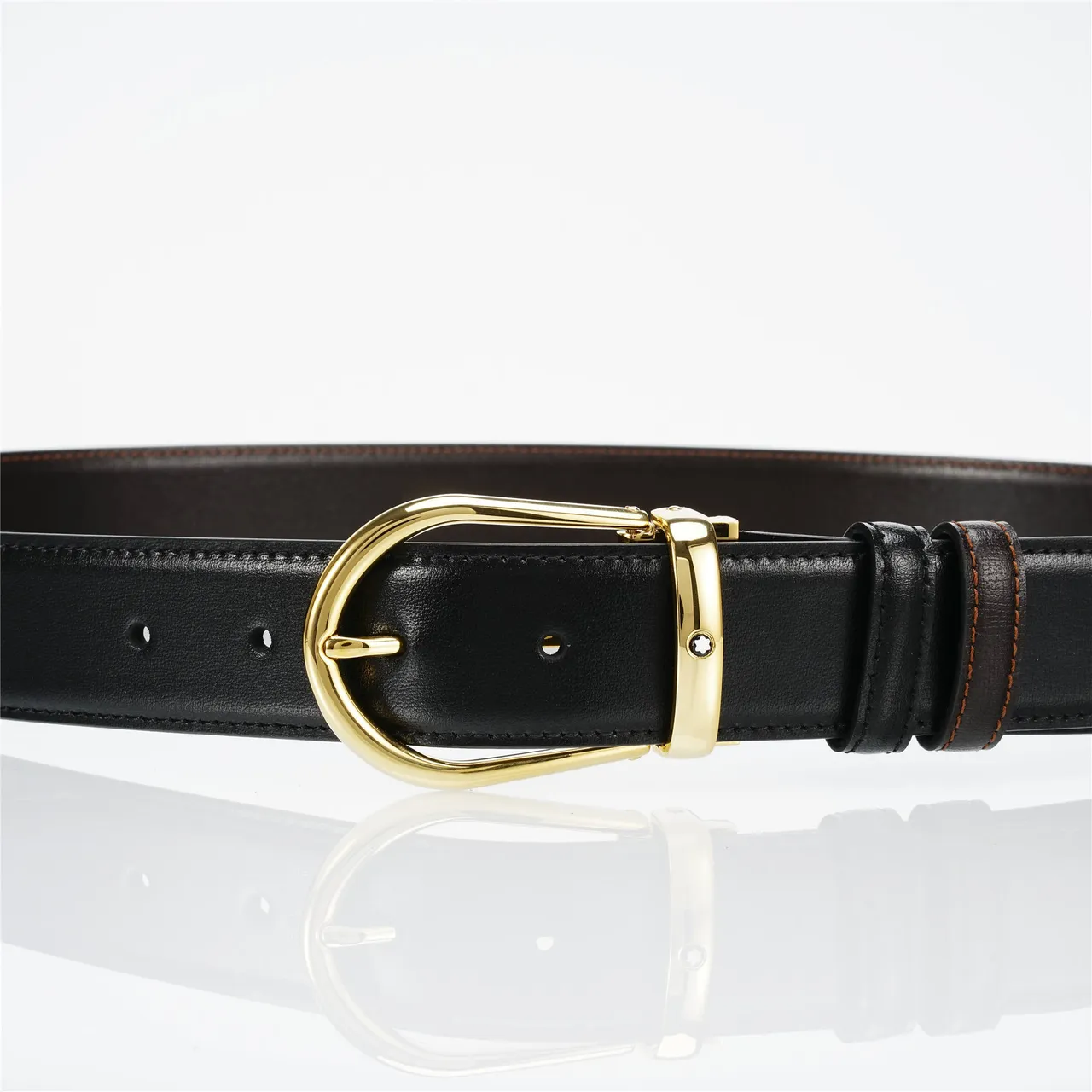 Black Gold Smooth Oval Buckle Leather Belt 7
