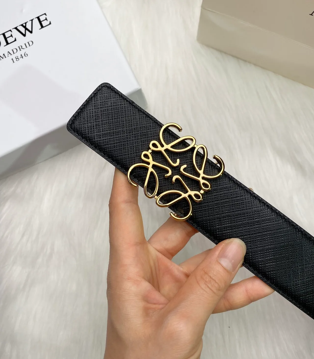 Black Gold Textured Saffiano-Like Abstract Monogram Buckle Leather Belt 2