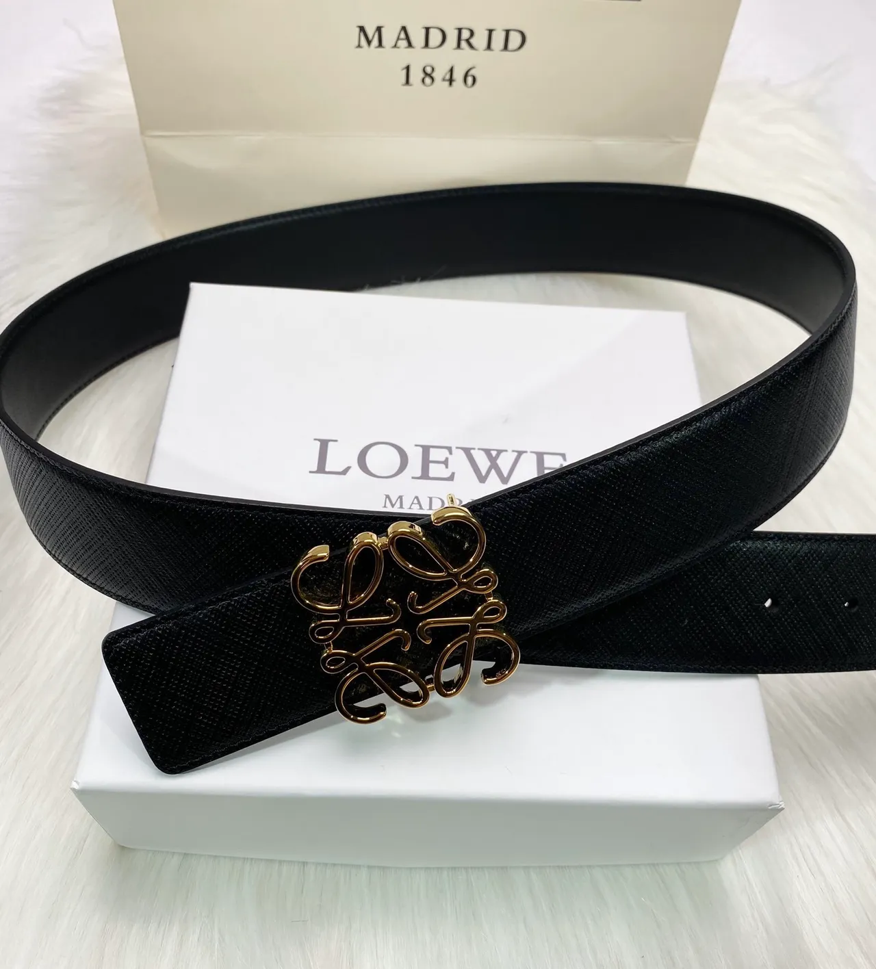 Black Gold Textured Saffiano-Like Abstract Monogram Buckle Leather Belt 3