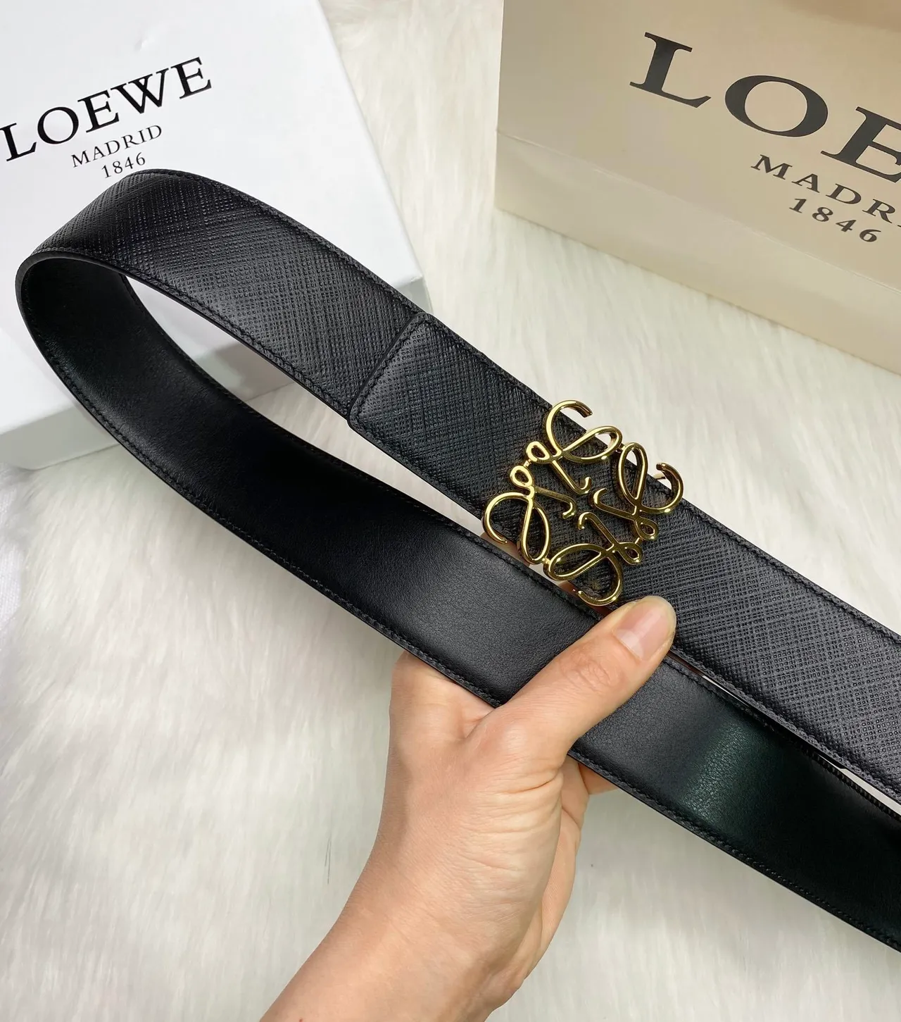 Black Gold Textured Saffiano-Like Abstract Monogram Buckle Leather Belt 5