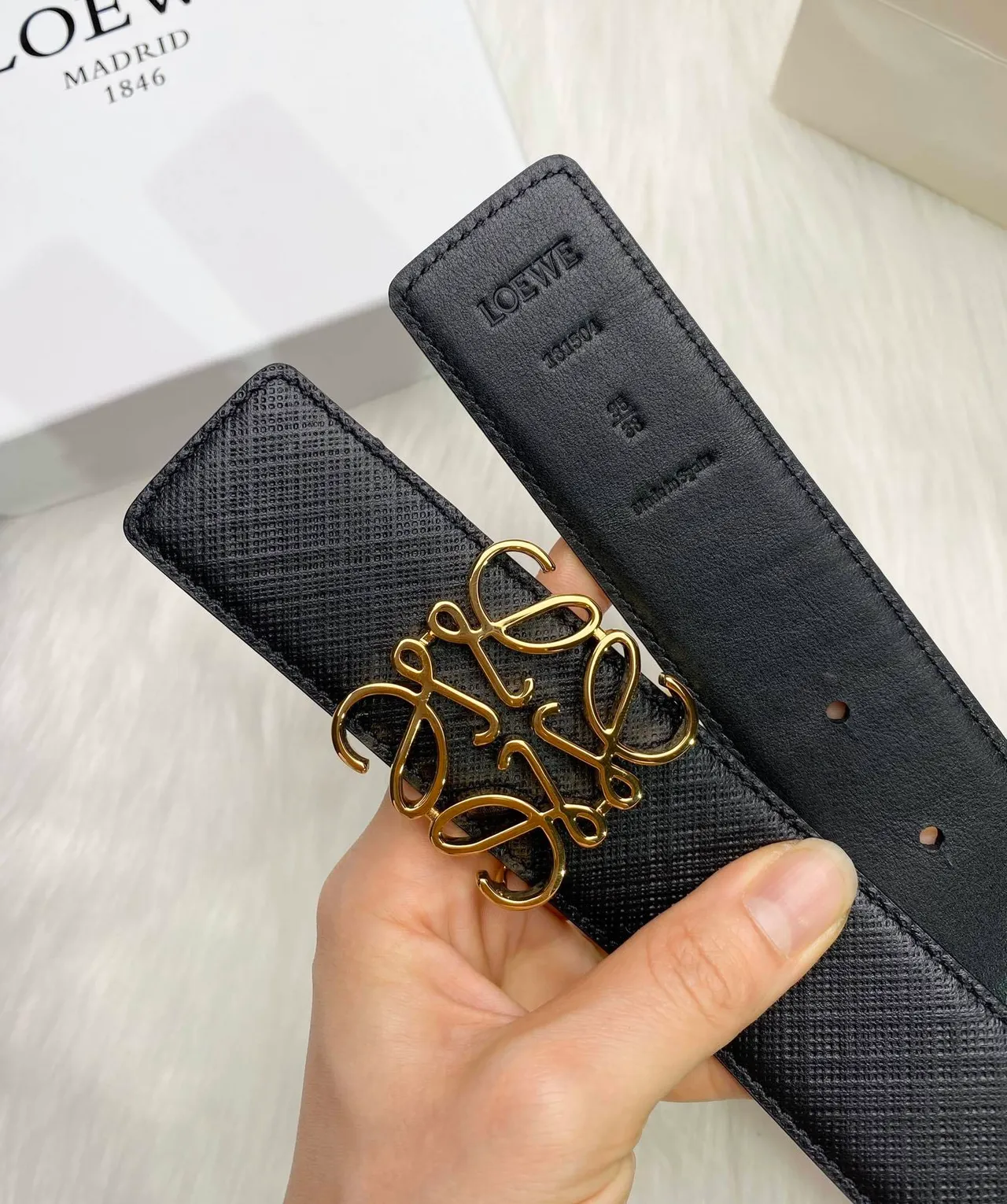 Black Gold Textured Saffiano-Like Abstract Monogram Buckle Leather Belt 8