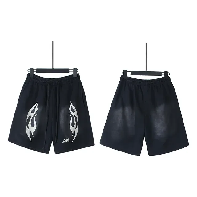 Black Gray Relaxed-Fit Flame-Print Shorts 7