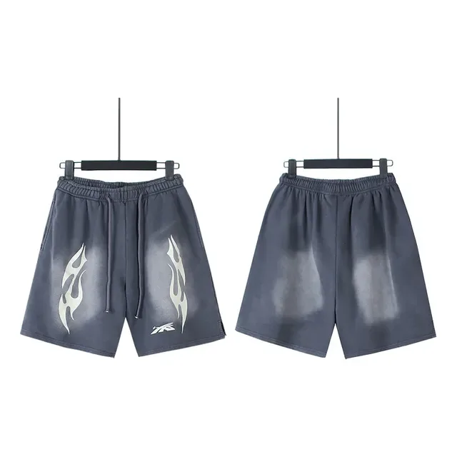 Black Gray Relaxed-Fit Flame-Print Shorts 8