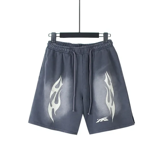 Black Gray Relaxed-Fit Flame-Print Shorts 11