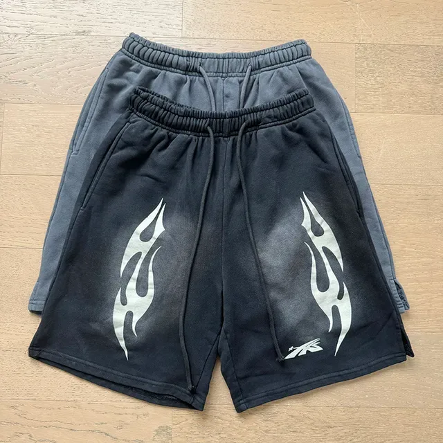 Black Gray Relaxed-Fit Flame-Print Shorts 13