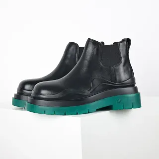 Black Green Smooth Leather Upper Elastic Side Panels Chelsea Boots