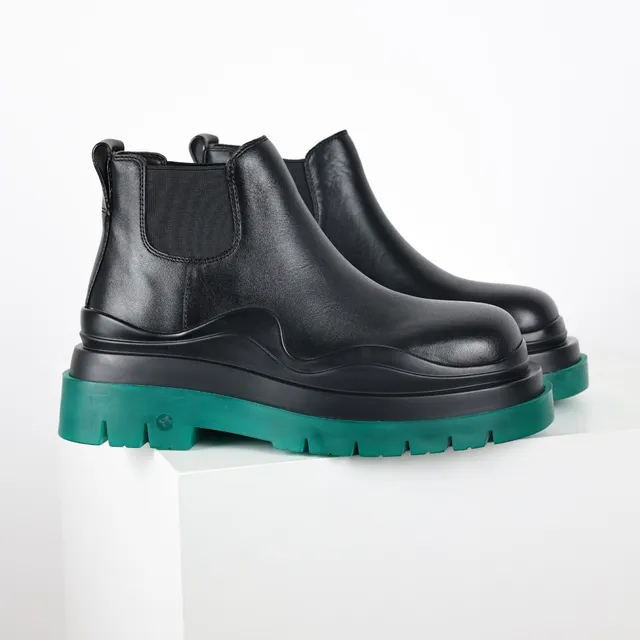 Black Green Smooth Leather Upper Elastic Side Panels Chelsea Boots 3