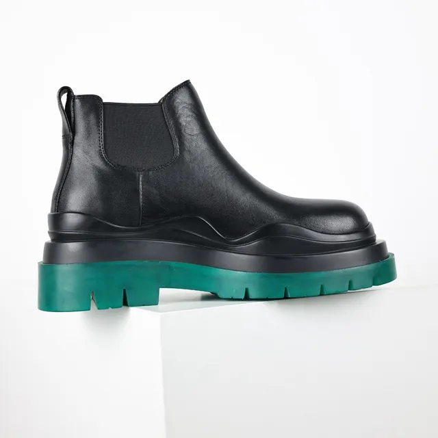Black Green Smooth Leather Upper Elastic Side Panels Chelsea Boots 7
