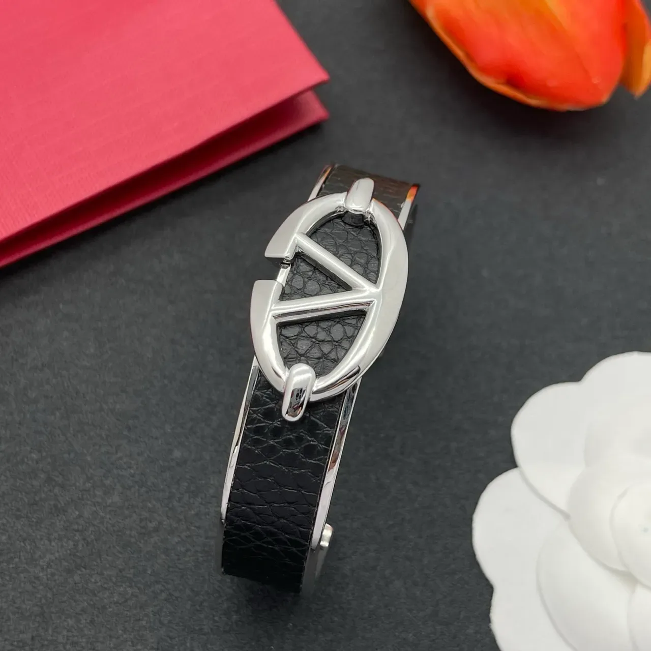 Black Leather and Silver-Tone Logo Cuff Bracelet 6