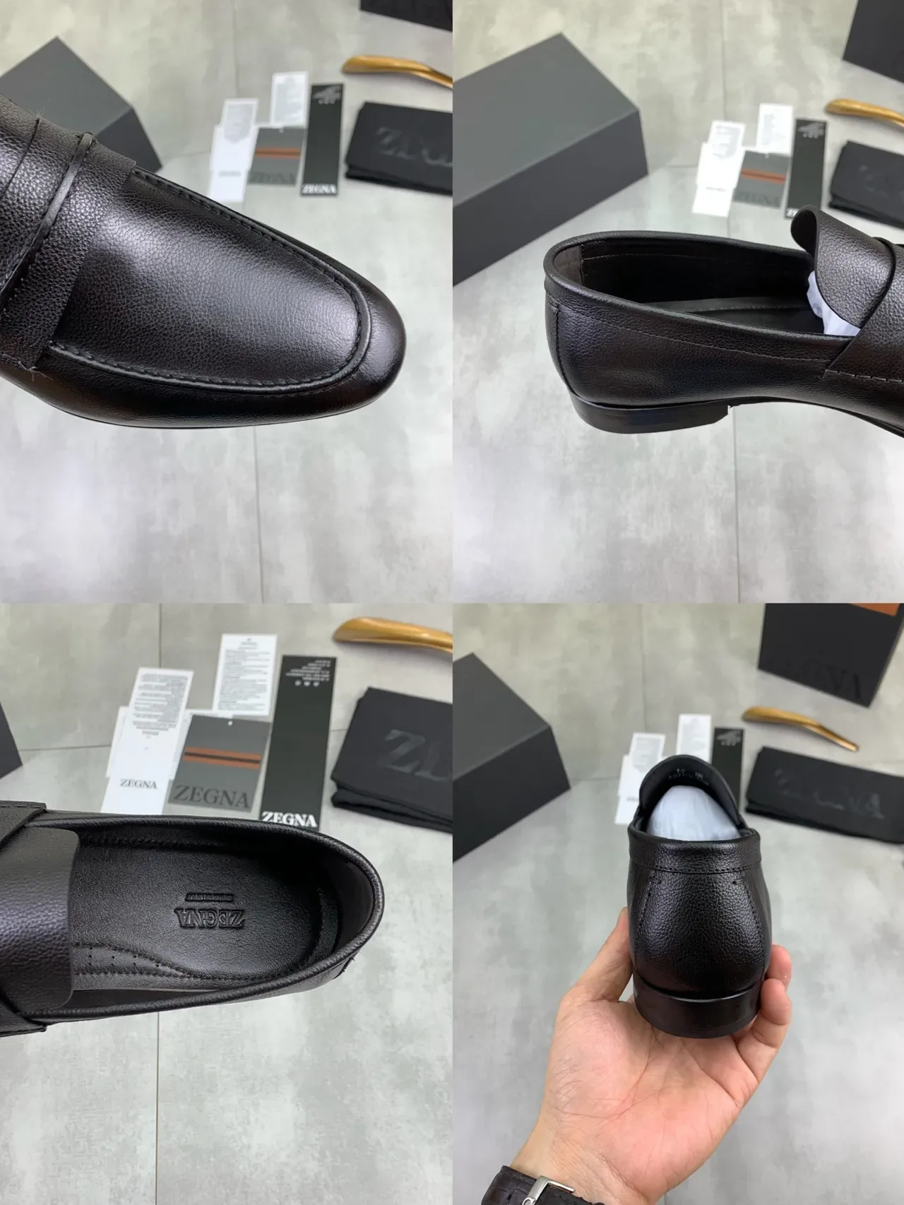 Black Leather Penny Strap Square Toe Loafers 2