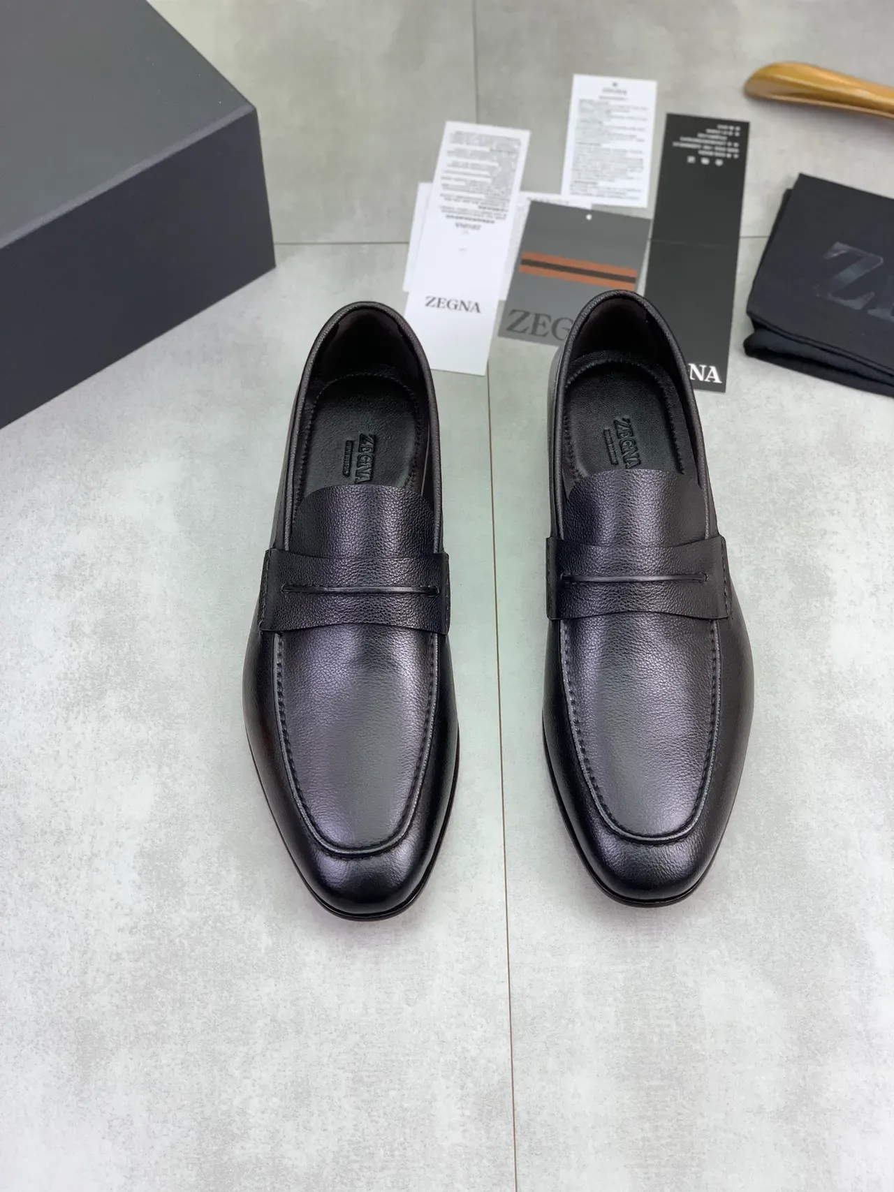 Black Leather Penny Strap Square Toe Loafers 4