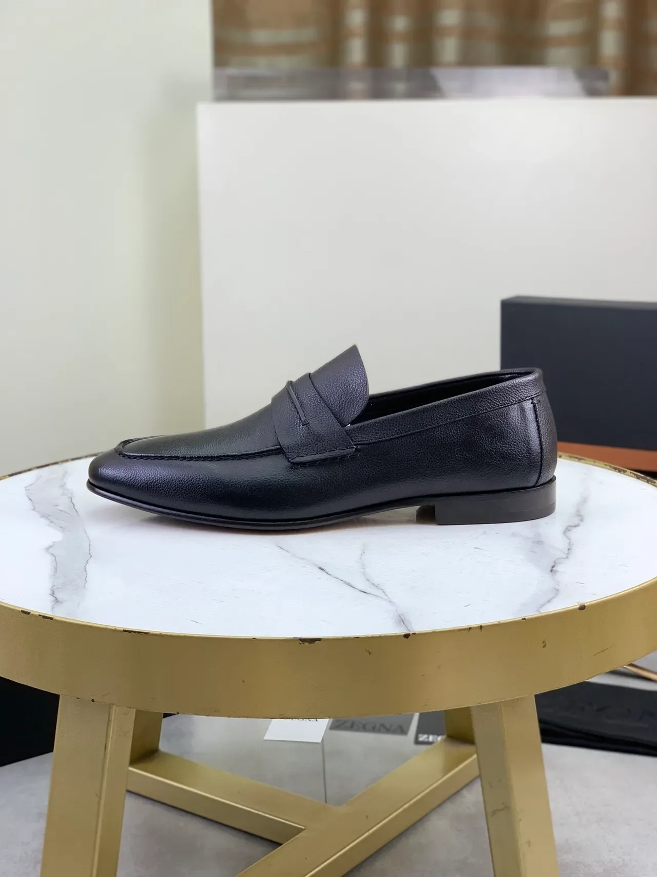 Black Leather Penny Strap Square Toe Loafers 5
