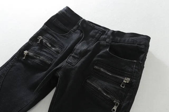 Pantalon jean moto-style à panneaux zippés noir 17