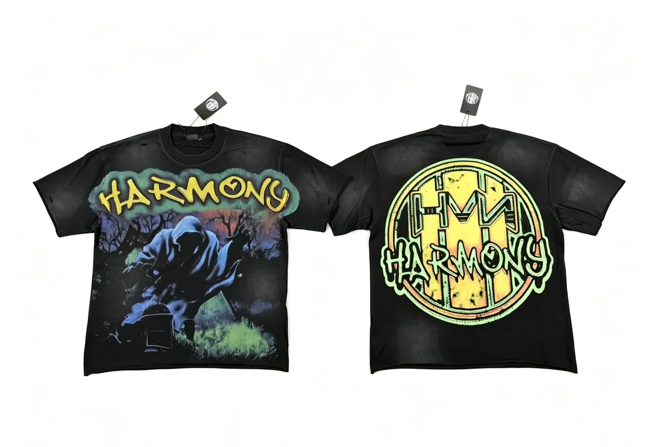 Black Multicolor Distressed Cotton Tee Double-Sided Graphic Print T-Shirt 1